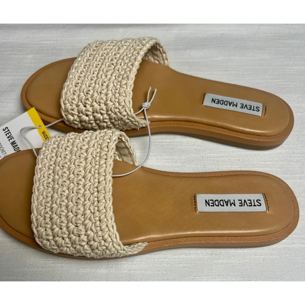 Steve Madden Tannah Crochet Slide Sandals Natural Cream Tan Flat Slip On Women 8 - Picture 9 of 10